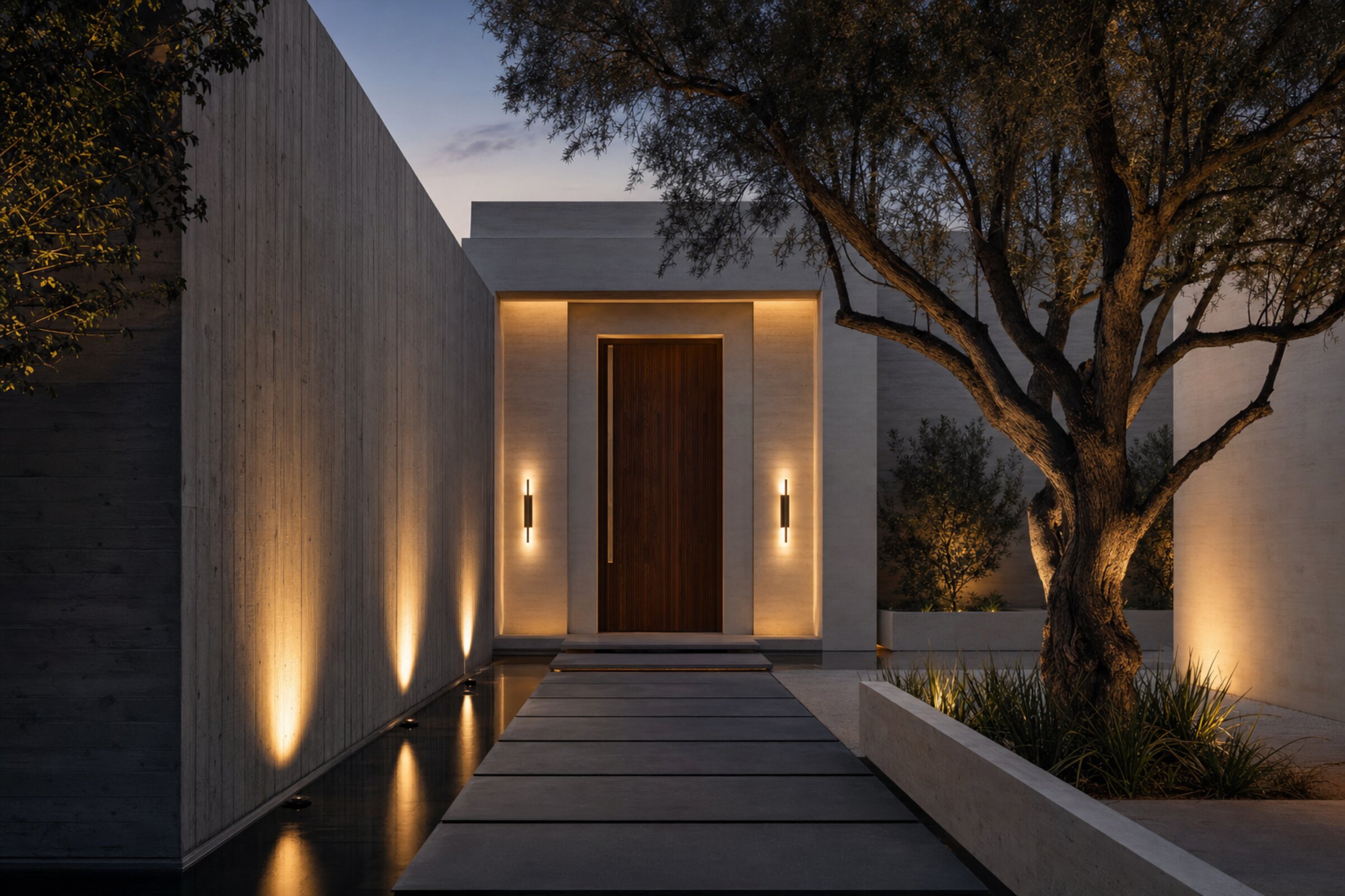 Villa entrance courtyard at dusk: symmetric axis to a walnut door between limewash and board-formed concrete walls, bronze sconces, a mature tree and quiet water