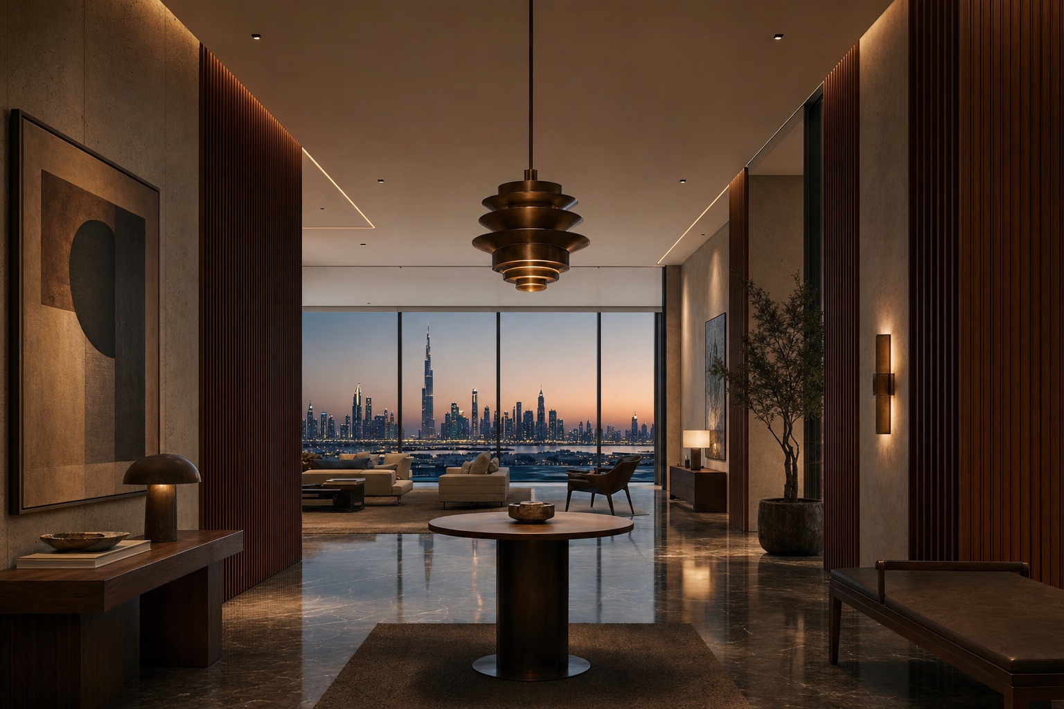 Symmetric living space with walnut ribbed joinery, a tiered bronze pendant on the central axis, and the Dubai skyline at dusk beyond floor-to-ceiling glazing